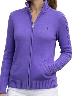Ralph Lauren Golf Purple Full Zip Sweater Women L Cotton Preppy